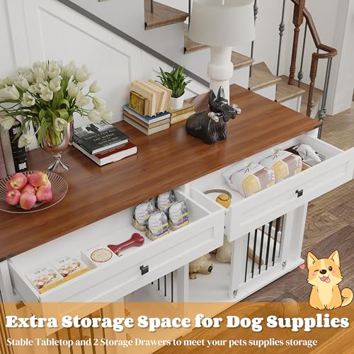 Brown White Dog Crate Furniture for 2 Dogs with Sliding Barn Door S733