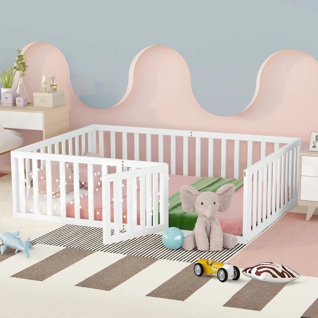 Twin Solid Wood Floor Bed Frame with Door & Safety Guardrails R13560