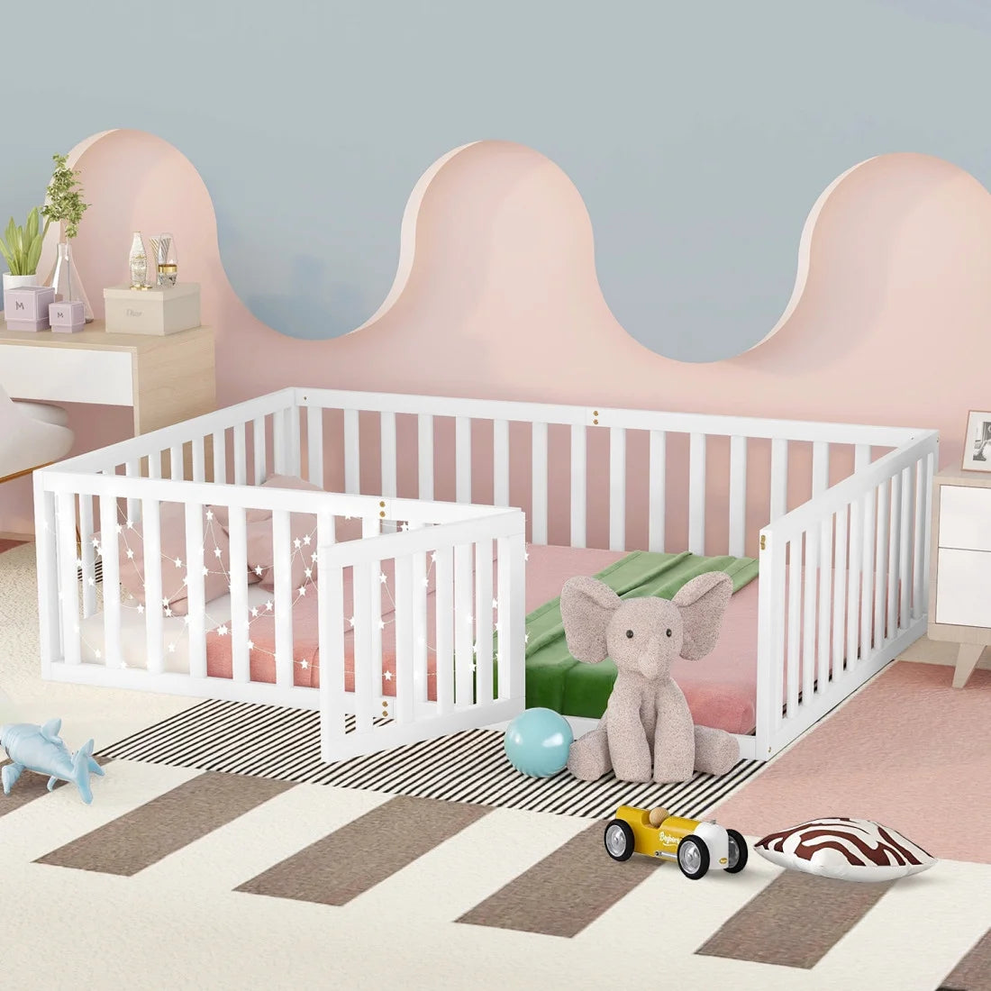 Twin Solid Wood Floor Bed Frame with Door & Safety Guardrails R13560