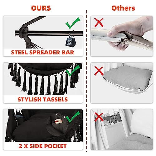 Grey Hanging Rope Swing Hammock Chair with Tassels, 2 Cushions, Heavy-Duty Steel Spreader Bar S960