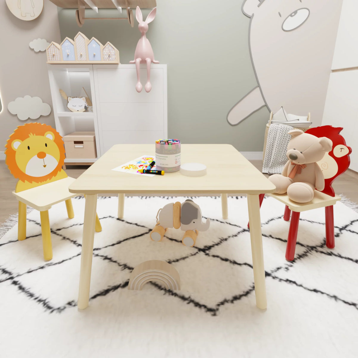 Kids Table & Chair Set, 3 Pieces Solid Wood J59214