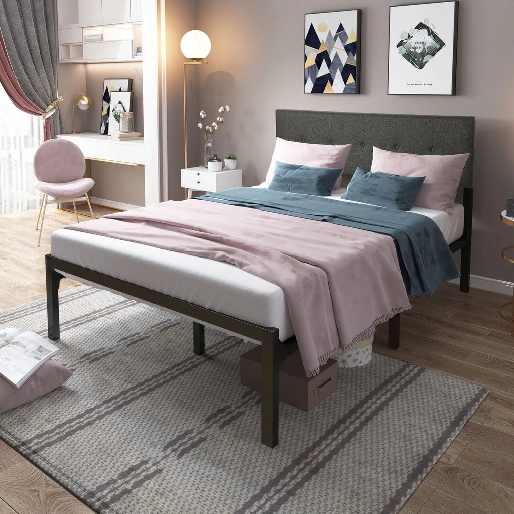 Upholstered Platform Bed Frame with Adjustable Headboard Queen D9932