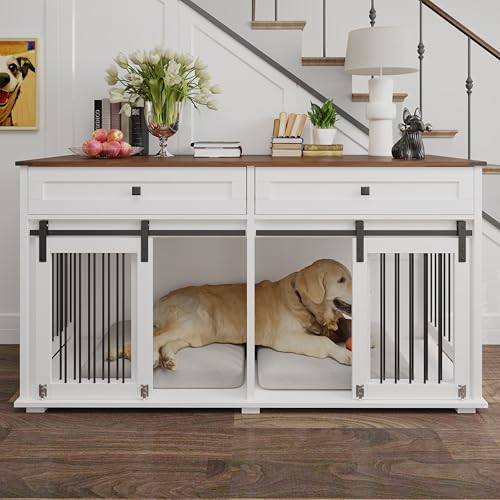 Brown White Dog Crate Furniture for 2 Dogs with Sliding Barn Door S733
