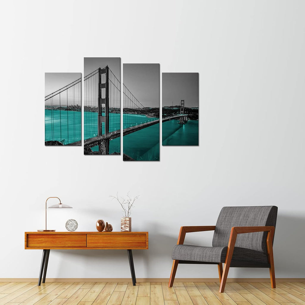 Black White Teal Golden Gate Bridge Canvas Wall Art V654