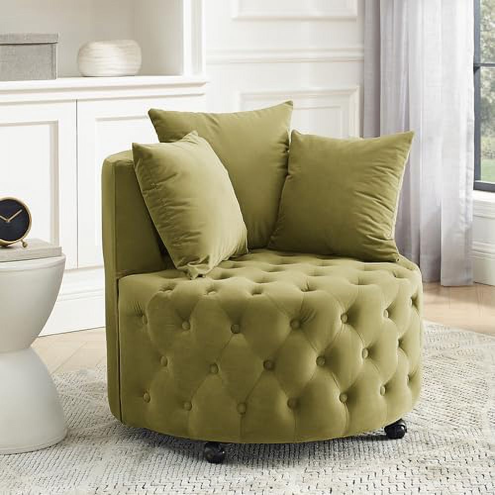 Pink Velvet Swivel Barrel Chair with 3 Pillows and Wheels J84443