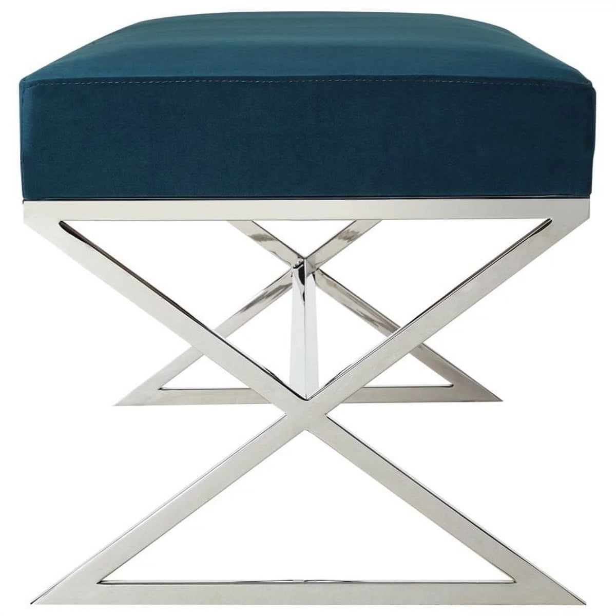 Blue Velvet Upholstered Bench with Stainless Steel Legs J3571
