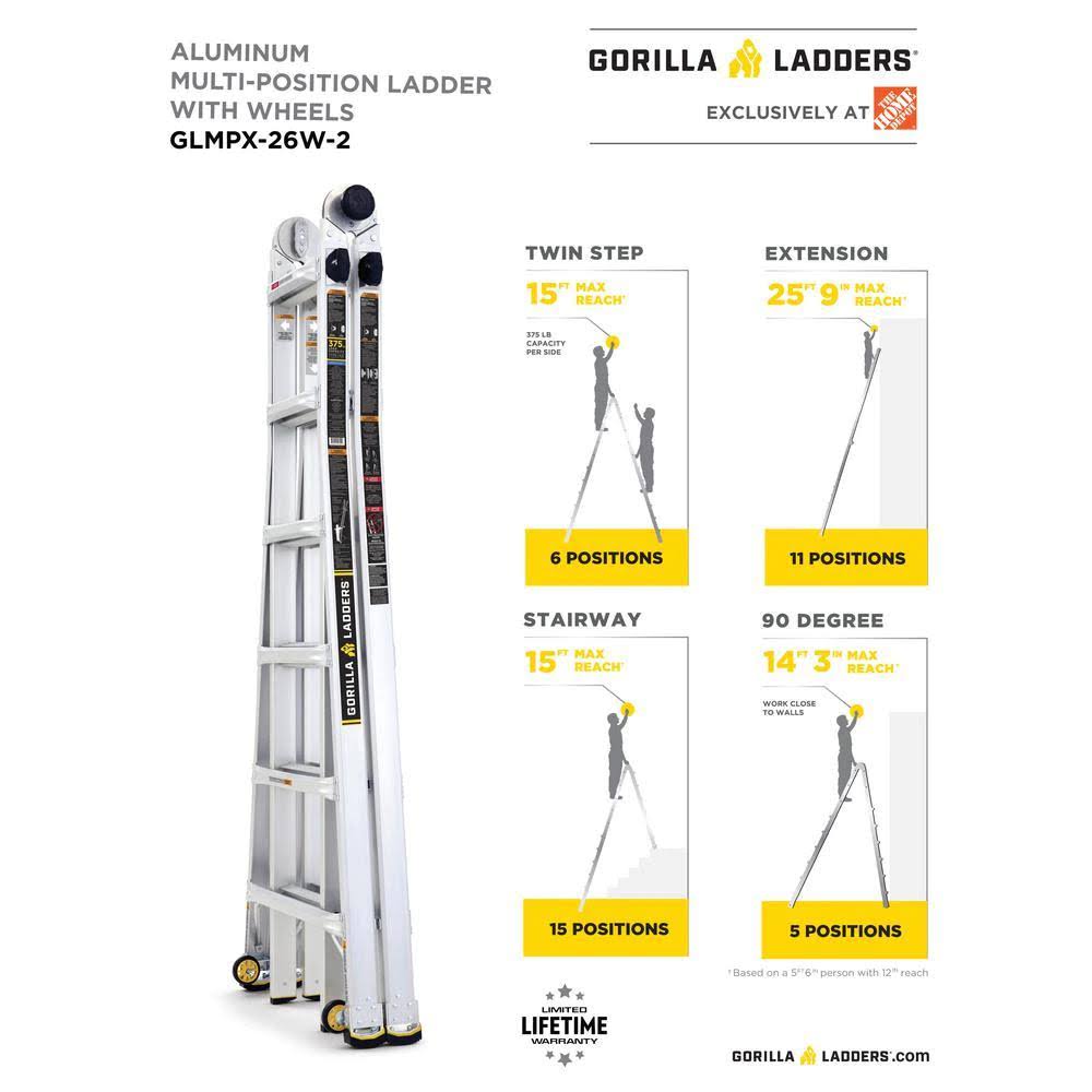 26 ft. Aluminum Multi-Position Ladder with Wheels, 375 lb. Load Capacity Type IAA L1259