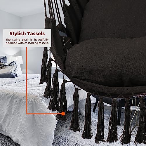Grey Hanging Rope Swing Hammock Chair with Tassels, 2 Cushions, Heavy-Duty Steel Spreader Bar S960