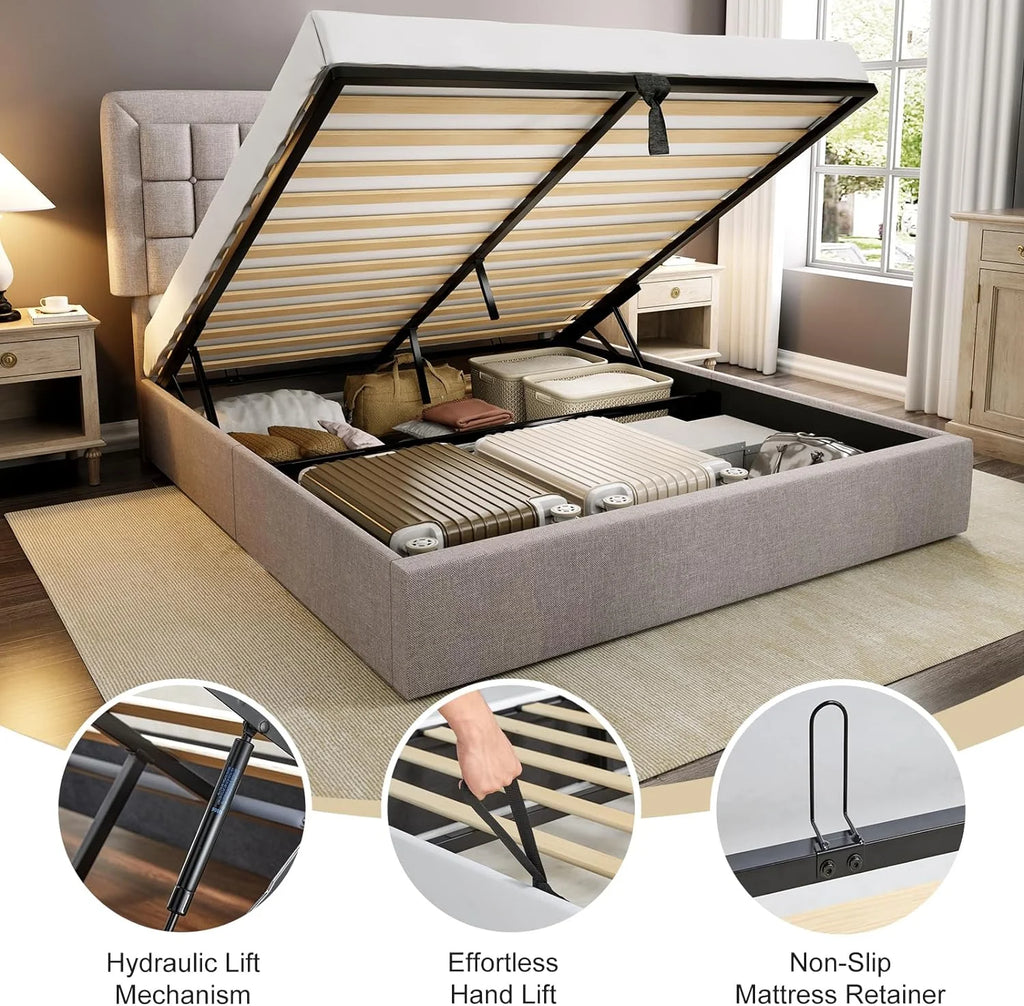 Queen Size Light Grey Upholstered Storage Bed Frame H90709