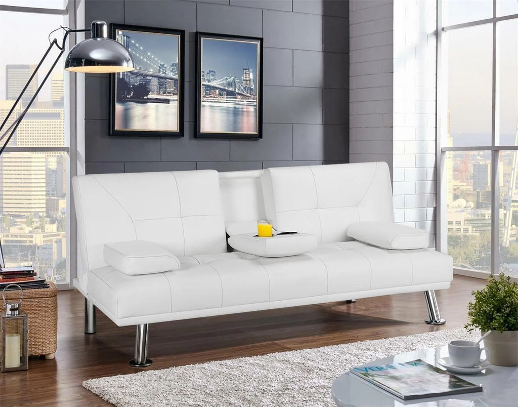 White Faux Leather Futon Set Convertible Sleeper Loveseat Daybed H229