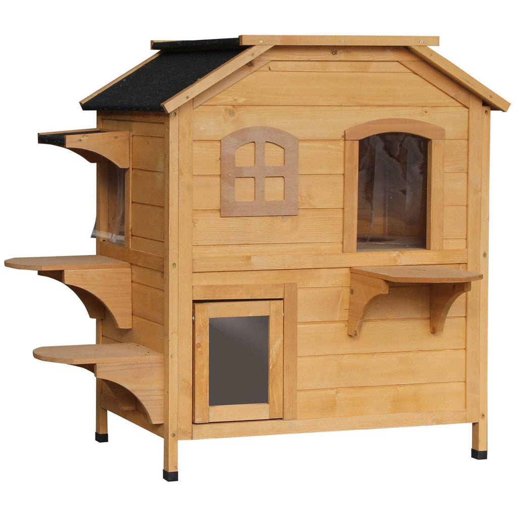Wooden 2-Story Outdoor Cat House with Escape Door M445