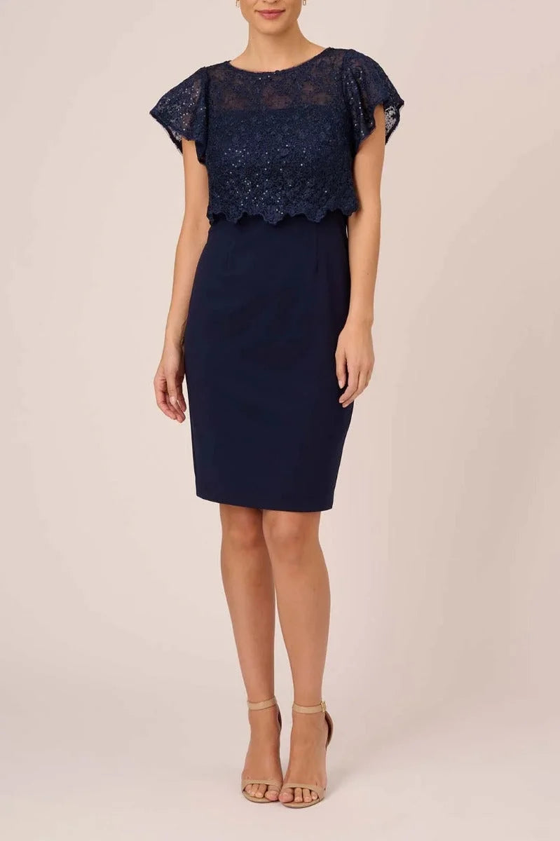 Navy Cap Sleeve Lace Crepe Dress W5284