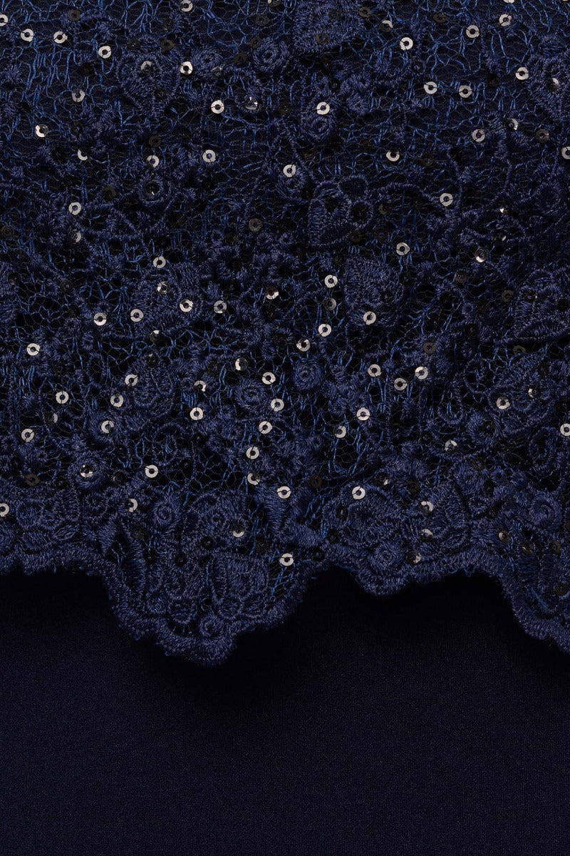 Navy Cap Sleeve Lace Crepe Dress W5284