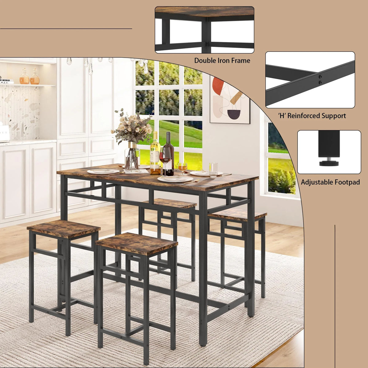5-Piece Counter Height Pub Dining Set with Foot Support H773245