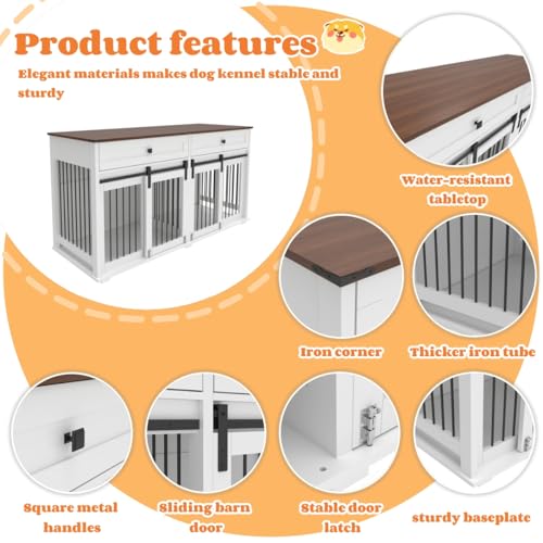 Brown White Dog Crate Furniture for 2 Dogs with Sliding Barn Door S733