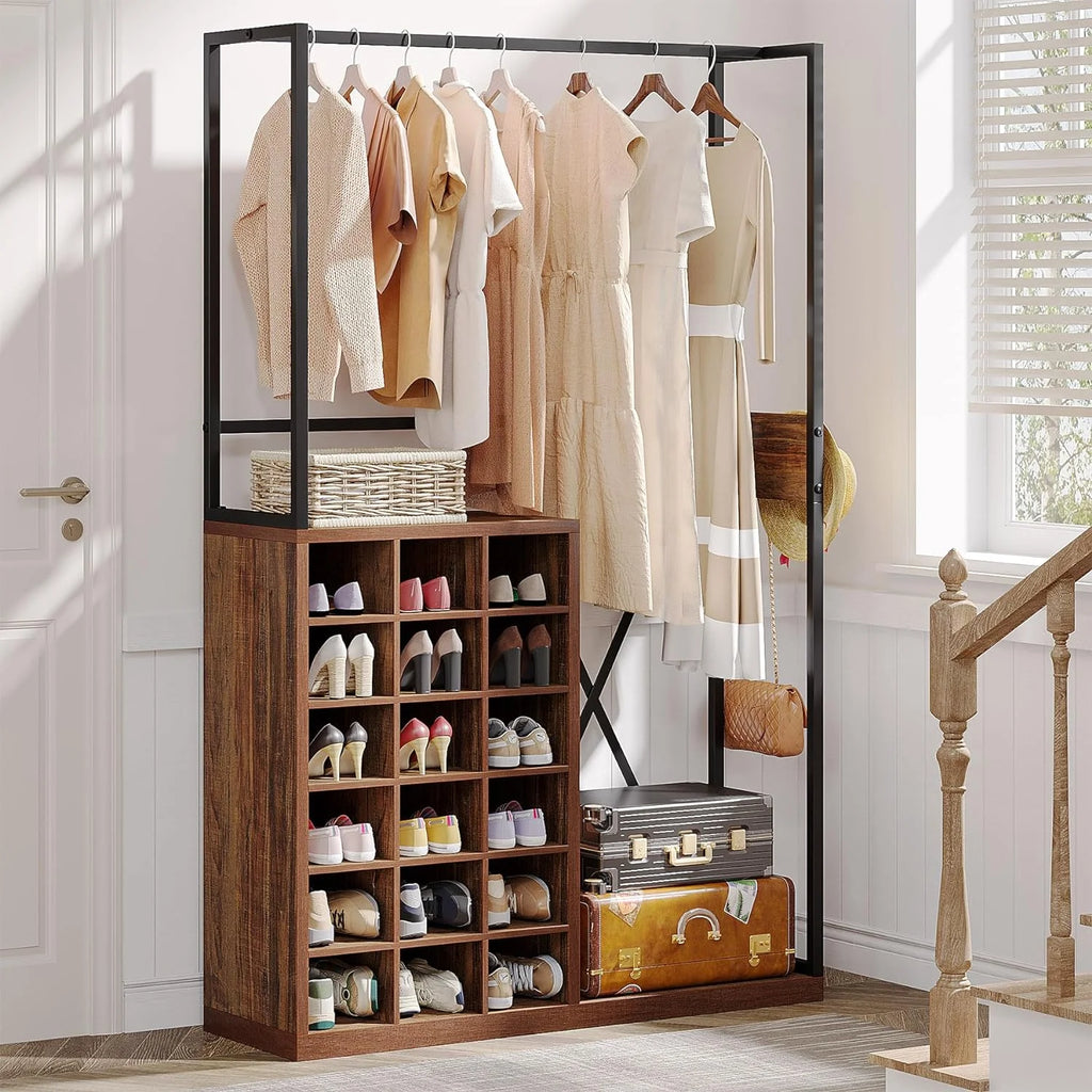 71" Brown Wood Coat Rack with 18 Shoe Cabinets M142