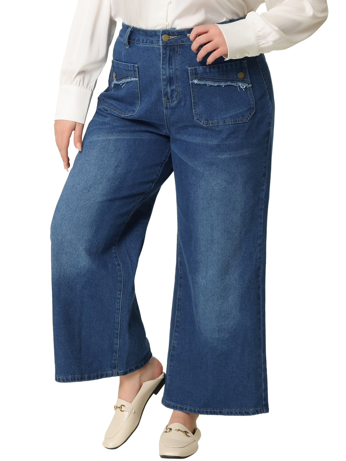 Plus Size Wide Leg Stretch Washed Long Jeans I193531