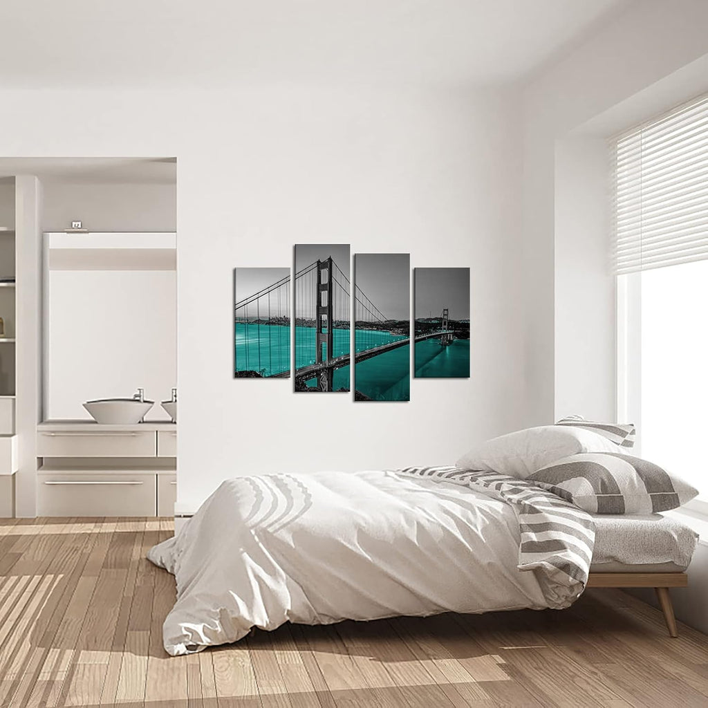 Black White Teal Golden Gate Bridge Canvas Wall Art V654