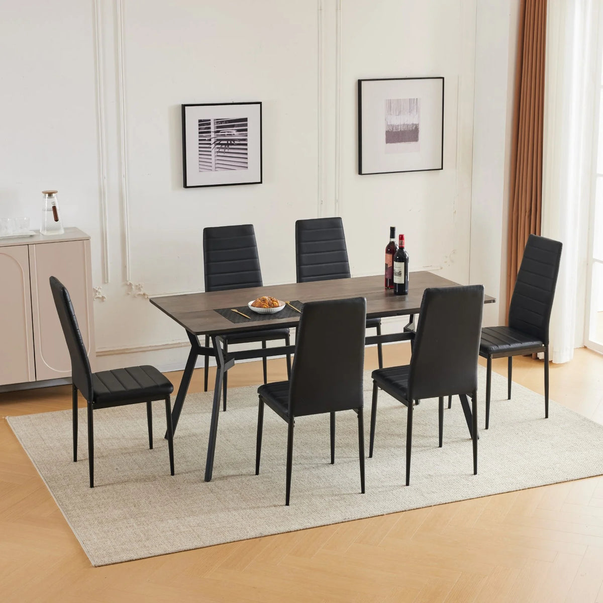Black Faux Marble Dining Table Set for 6 I2140