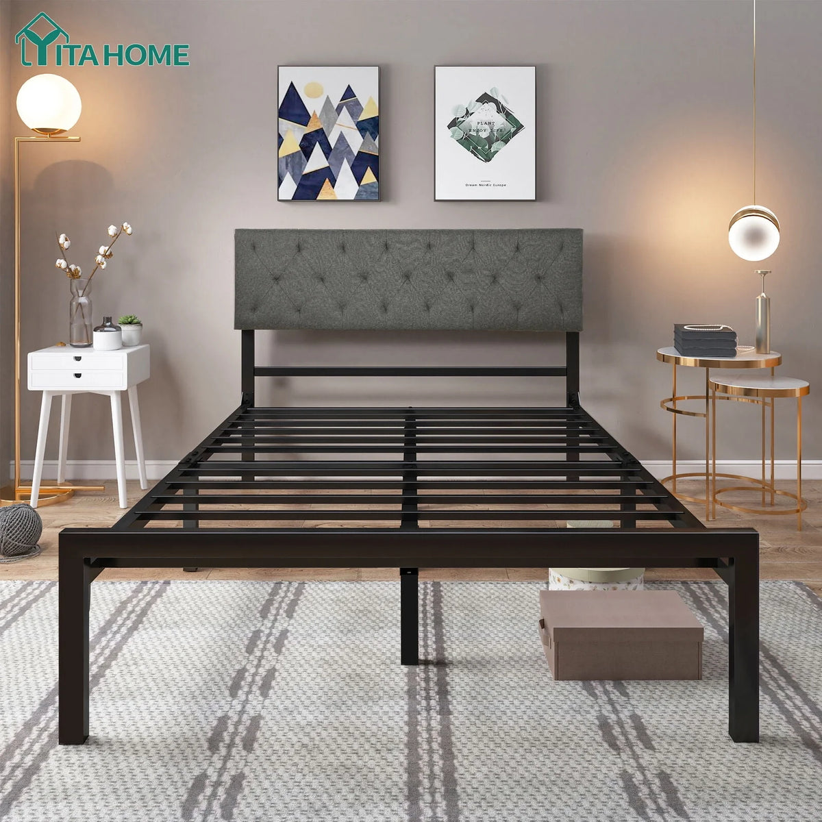 Upholstered Platform Bed Frame with Adjustable Headboard Queen D9932