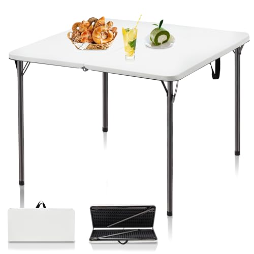 White 34" Square Plastic Folding Table with Carrying Handle E788