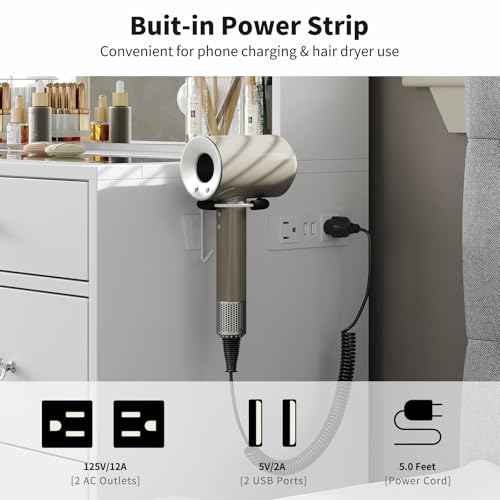 White Vanity Desk with Mirror and 10 LED Lights, 4 Shelves O350