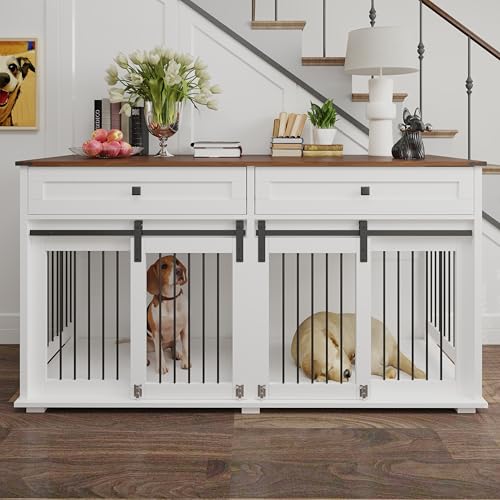 Brown White Dog Crate Furniture for 2 Dogs with Sliding Barn Door S733