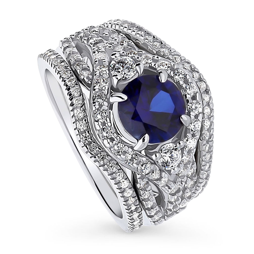 Sterling Silver Simulated Blue Sapphire CZ Halo Ring Set, Rhodium Plated Size 6 R5506