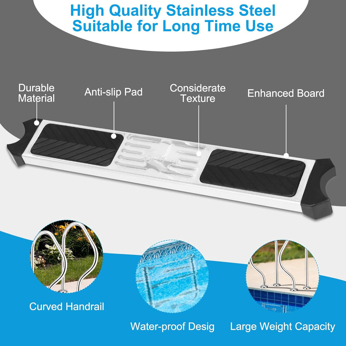 Stainless Steel Inground Pool Ladder with Handrail, 3-Step Non-Slip Footstep K392