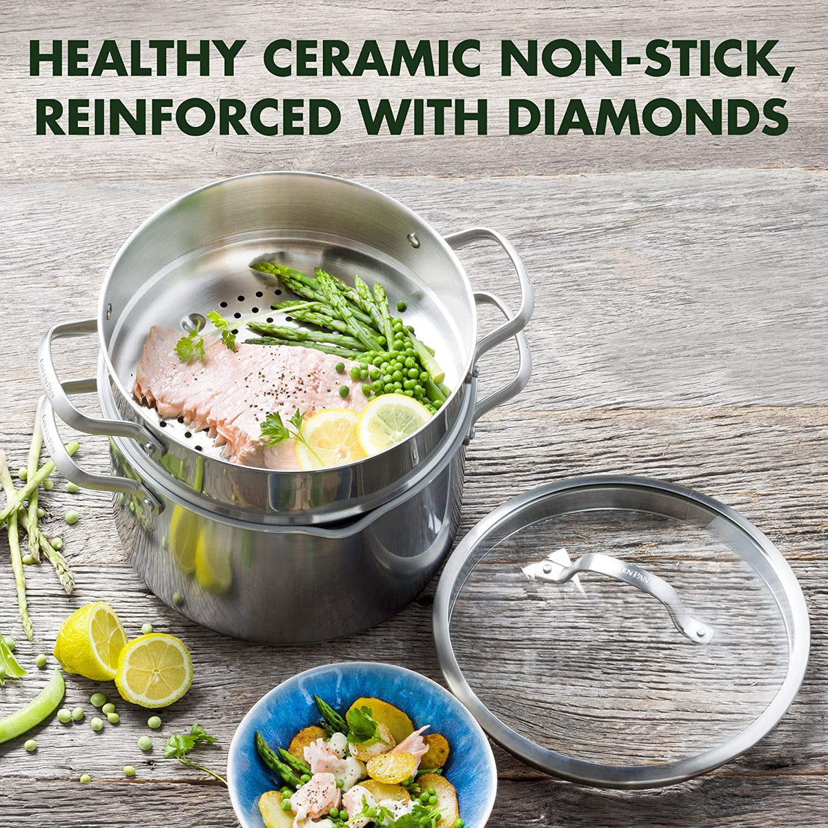 8QT Stainless Steel Nonstick Stock Pot with Strainer Lid and Steamer D781112