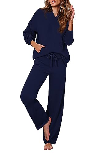 Women's 2 Piece Sweater Set Long Sleeve Hoodies With Pocket Wide Leg Pants Lounge Sets J532