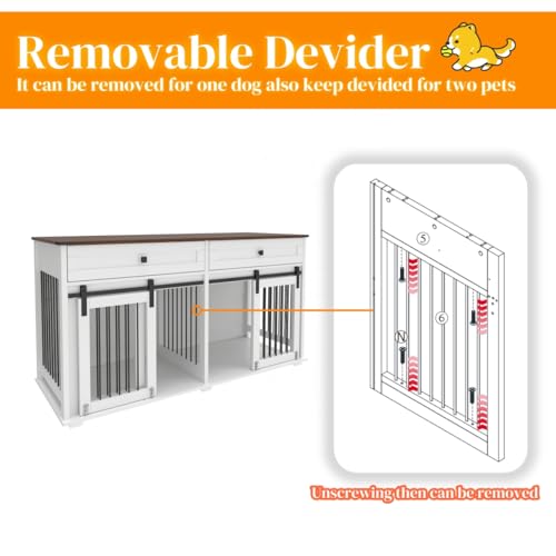 Brown White Dog Crate Furniture for 2 Dogs with Sliding Barn Door S733