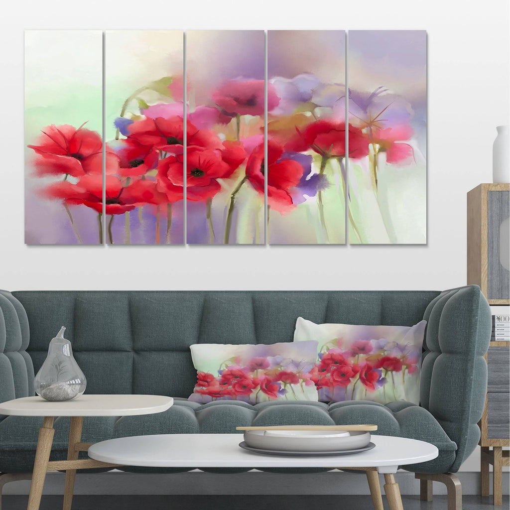 Watercolor Red Poppy Flowers 5 Piece Canvas Painting Set E83749