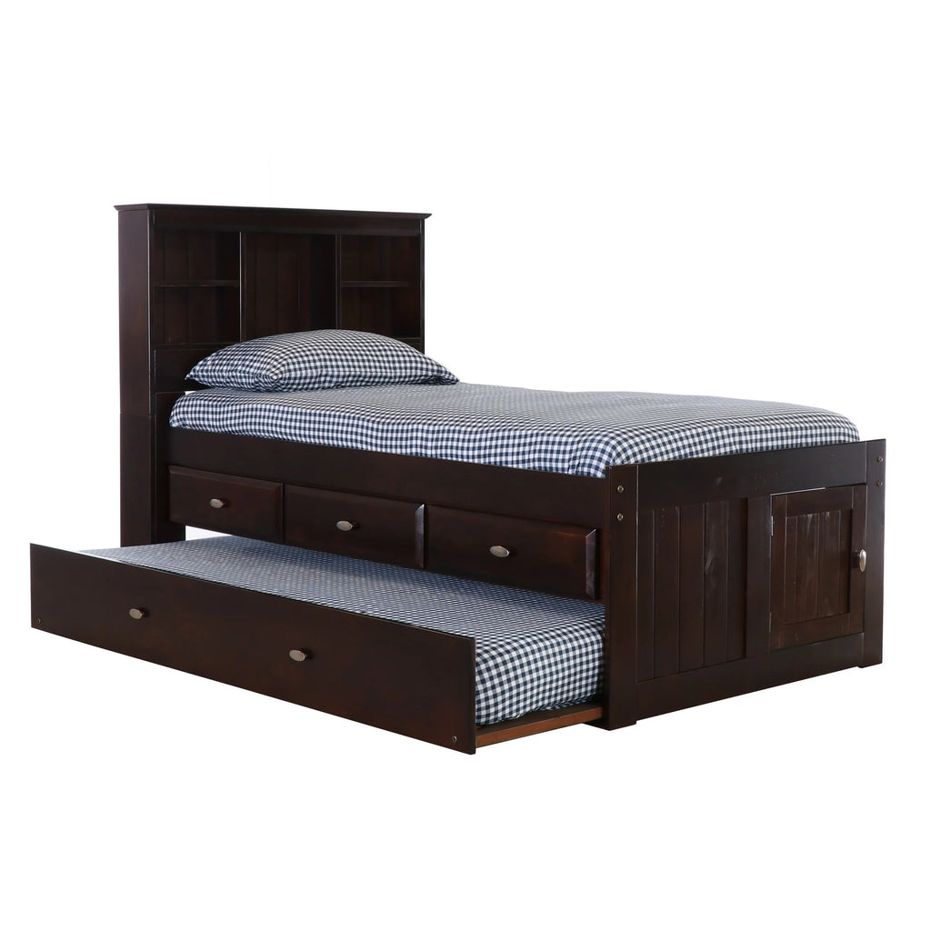 Twin Bookcase Bed with Three Drawers and Twin Trundle in Dark Espresso L814524