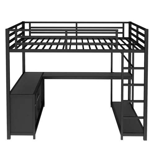 Queen Metal Loft Bed with Wardrobe, Desk and Shelves I9703