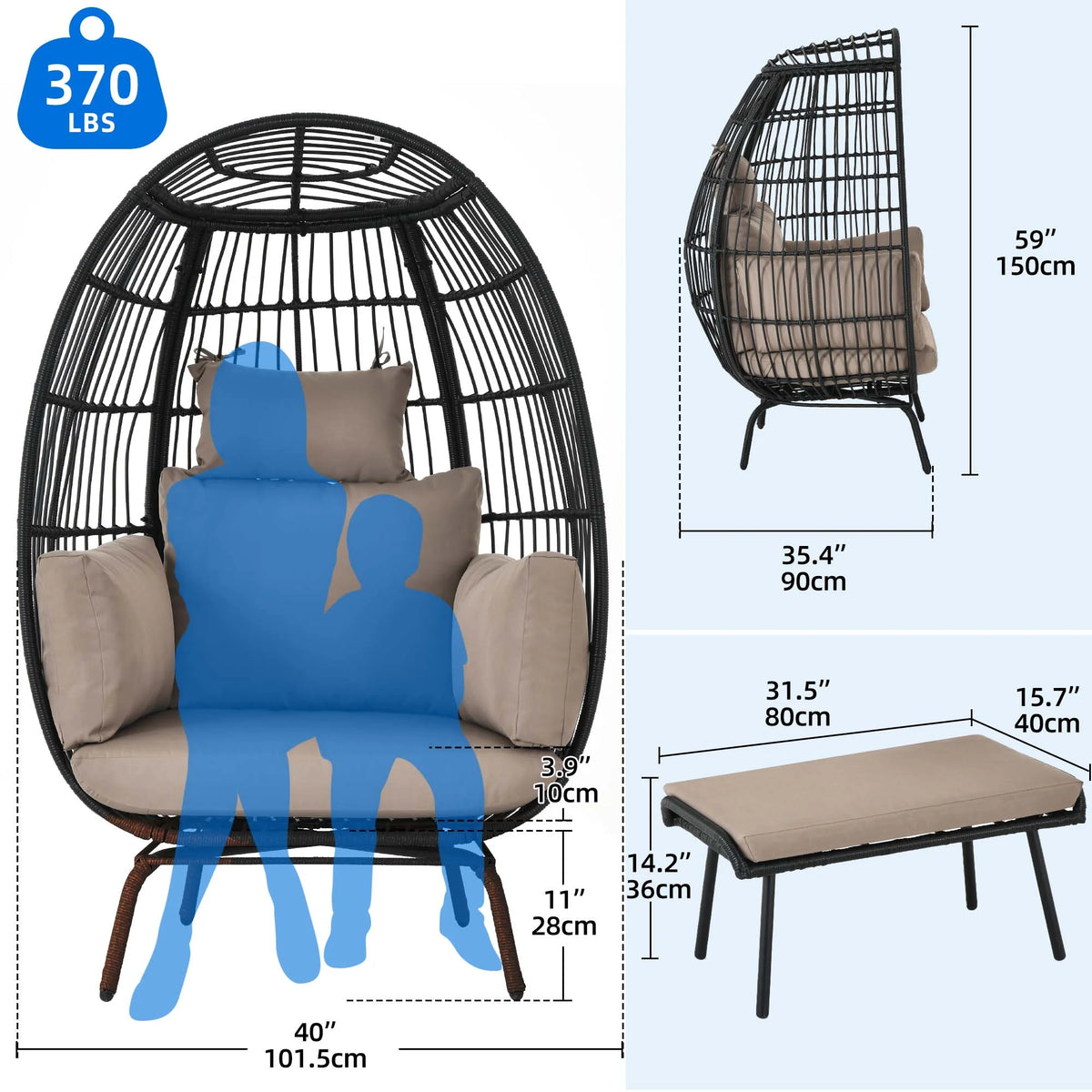 Wicker Egg Chair with Ottoman, Stand, Cushions L5647