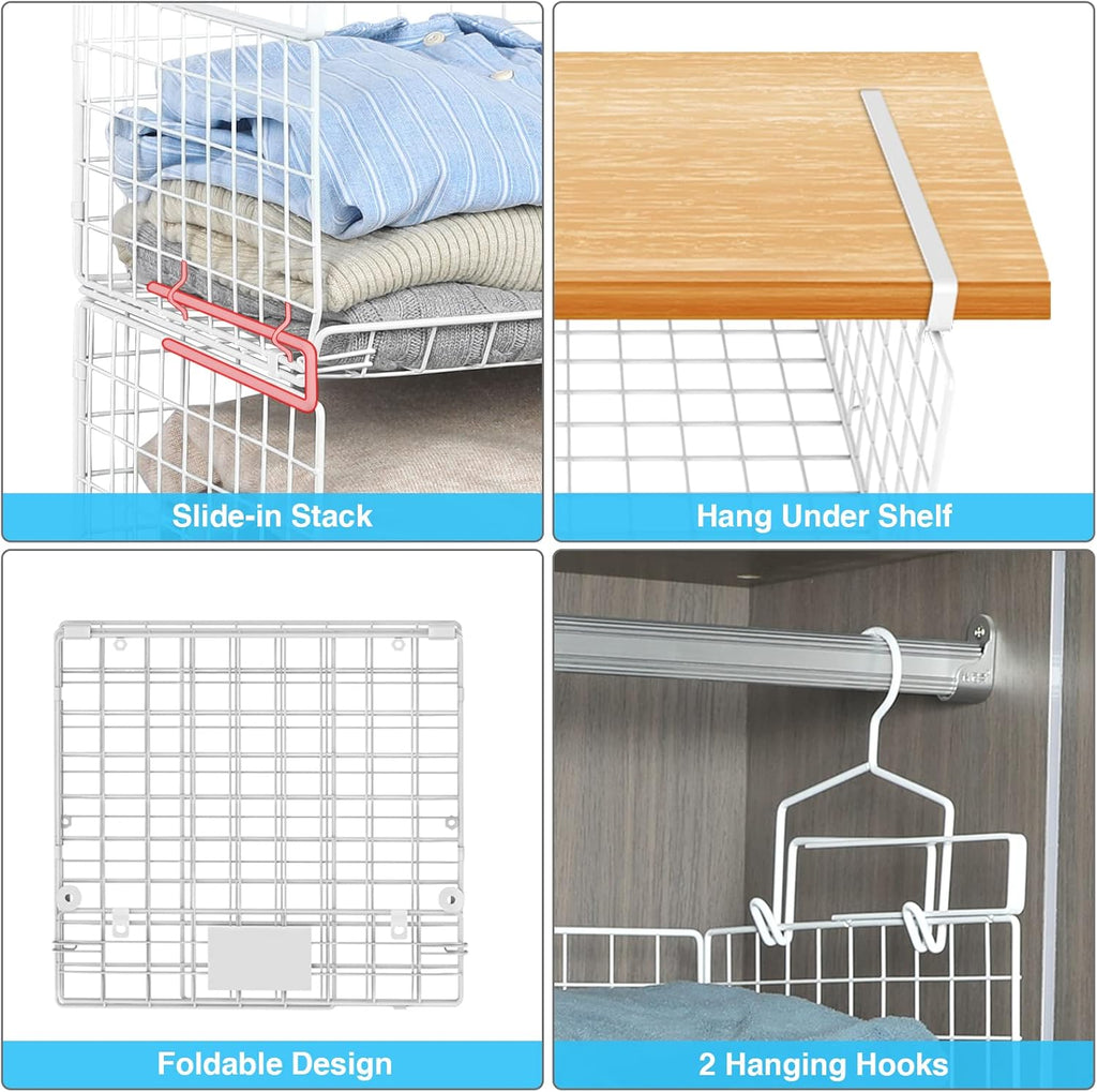 3-Tier Under Closet Shelf Basket Hanging Clothes Storage Organizer Metal Wire Rack with 2 hooks G140099