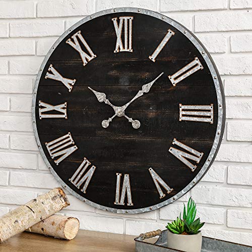 28 Inches Distressed Black Wooden Wall Clock Silent Non-Ticking Roman Numerals O7583