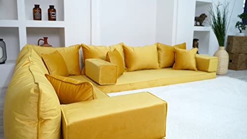 L Shaped Velvet Yellow Floor Couch with Ottoman and Pillows L4985