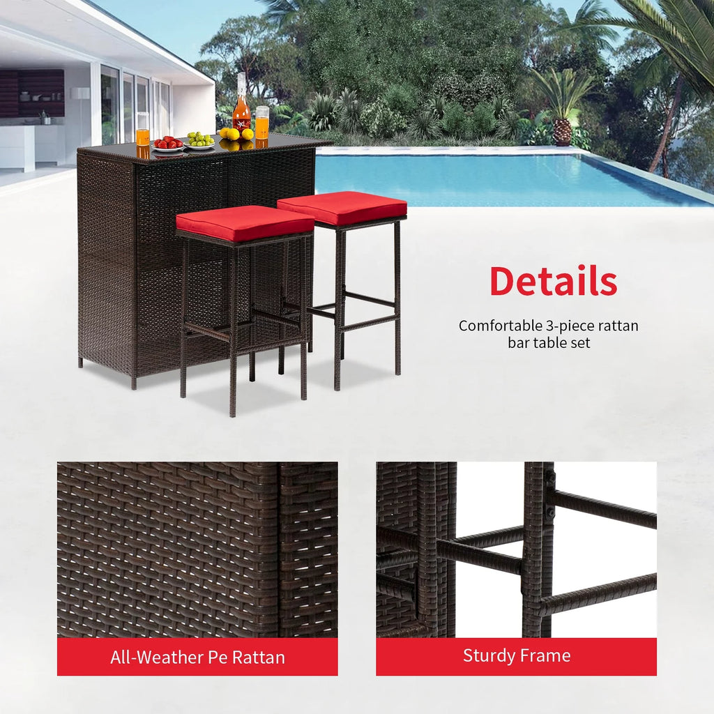 3PCS Wicker Patio Bar Set with Table and Chairs A572897