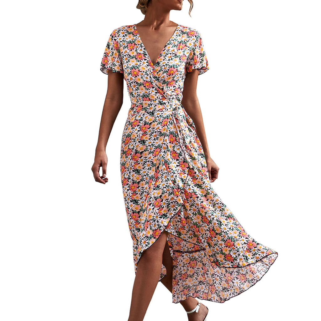V Neck Short Sleeve Split Wrap Long Dress V3992