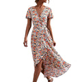 V Neck Short Sleeve Split Wrap Long Dress V3992