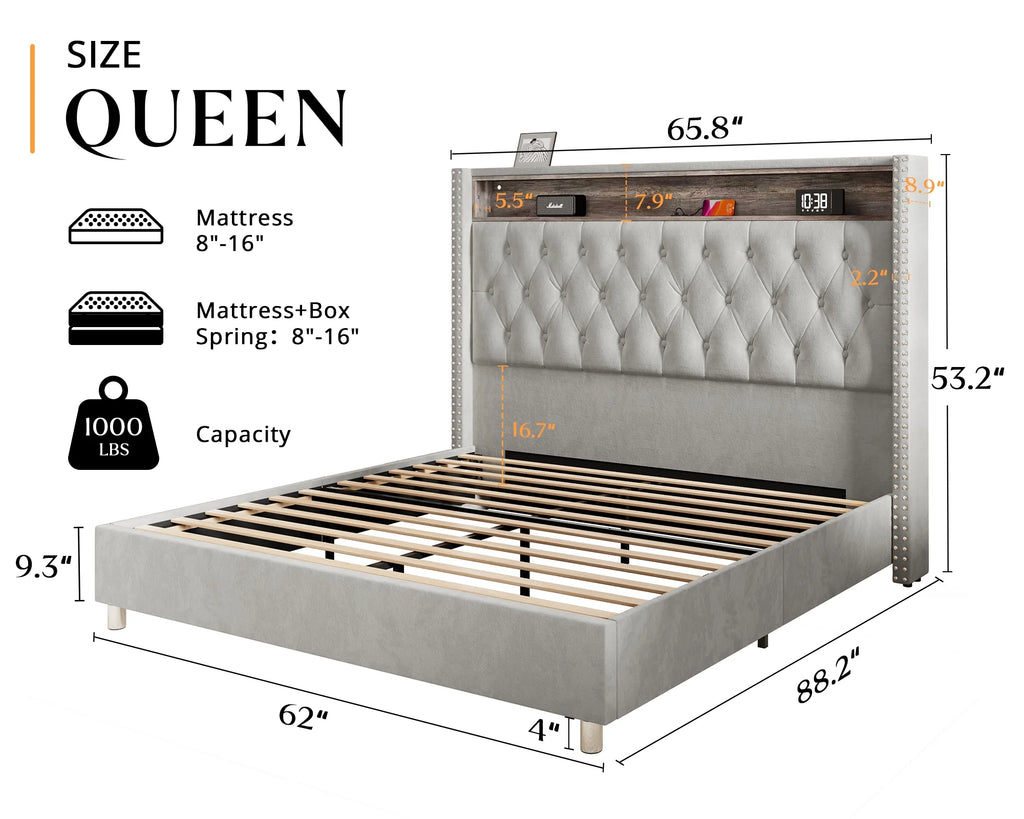 Queen Size Upholstered Bed Frame with Headboard Storage A10585