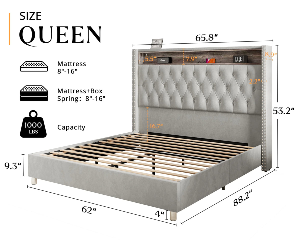 Queen Size Upholstered Bed Frame with Headboard Storage A10585