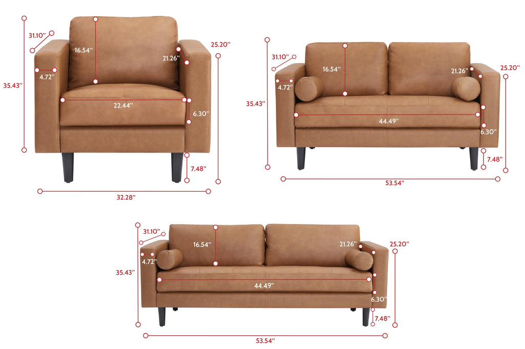 Tan Top Grain Genuine Leather Mid-Century Sofa Set of 3 U736400