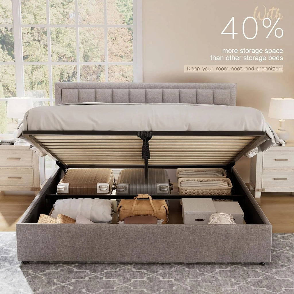 Queen Size Light Grey Upholstered Storage Bed Frame H90709