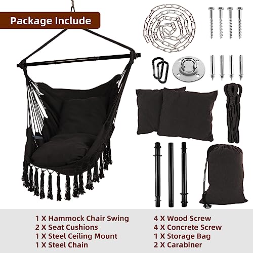 Grey Hanging Rope Swing Hammock Chair with Tassels, 2 Cushions, Heavy-Duty Steel Spreader Bar S960