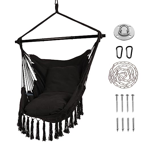 Grey Hanging Rope Swing Hammock Chair with Tassels, 2 Cushions, Heavy-Duty Steel Spreader Bar S960