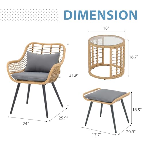 3 Piece Wicker Patio Bistro Set with Glass Top Table K53996