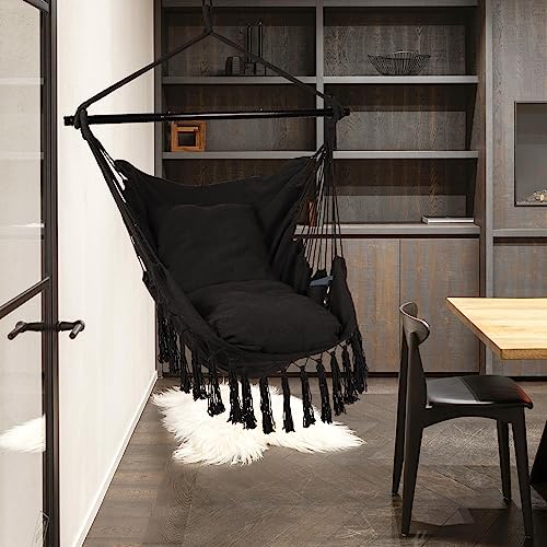 Grey Hanging Rope Swing Hammock Chair with Tassels, 2 Cushions, Heavy-Duty Steel Spreader Bar S960
